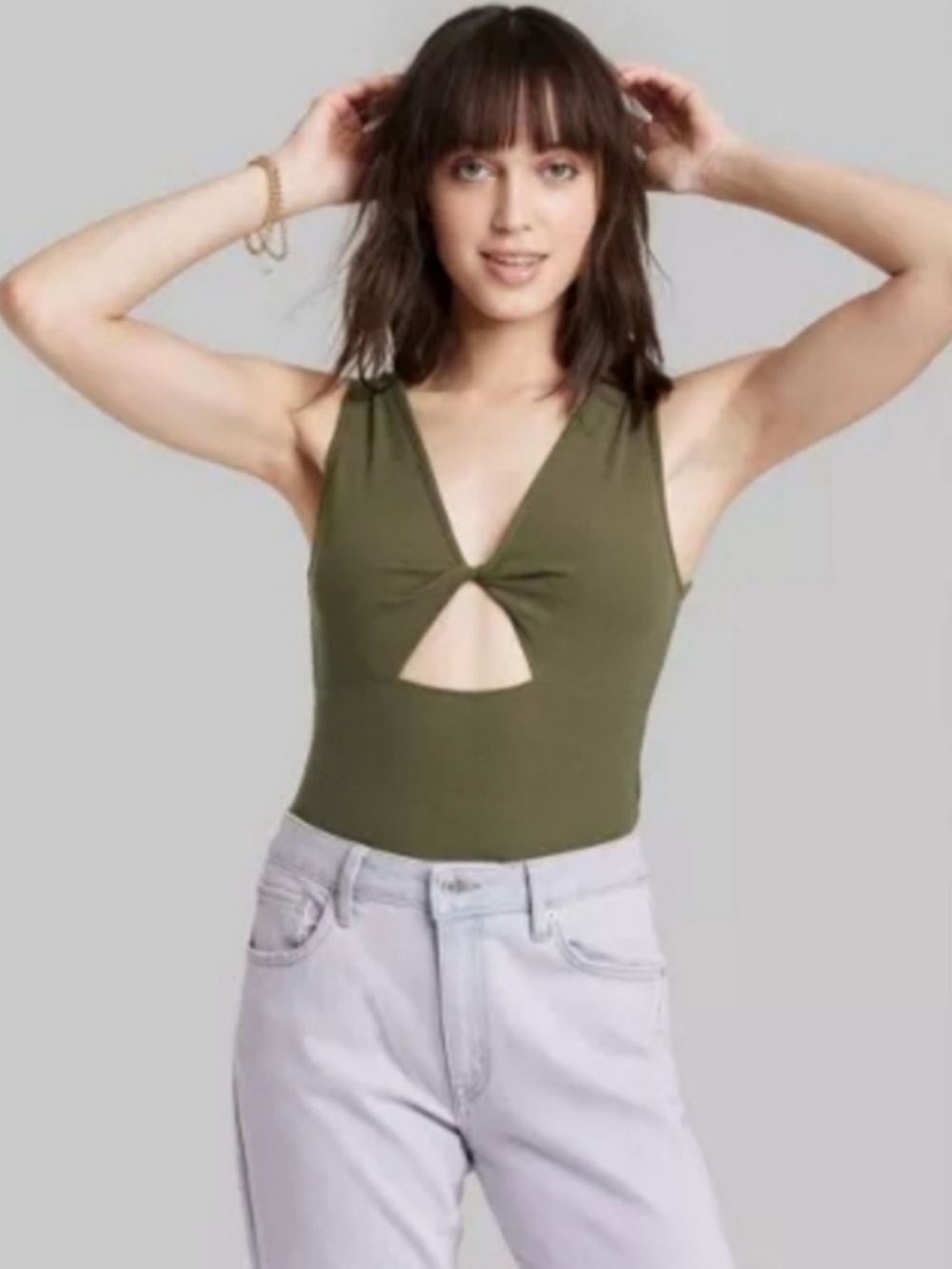 Wild Fable Olive Green Ribbed Twist-Front Bodysuit